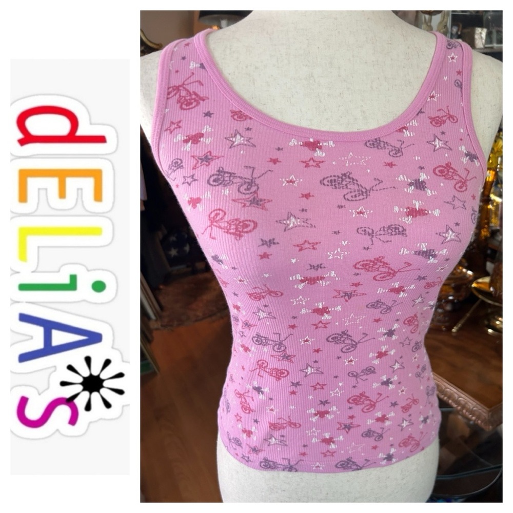 Vintage Delia's Pink Ribbed Graphic Tank Top w Bikes - Picture 2 of 13
